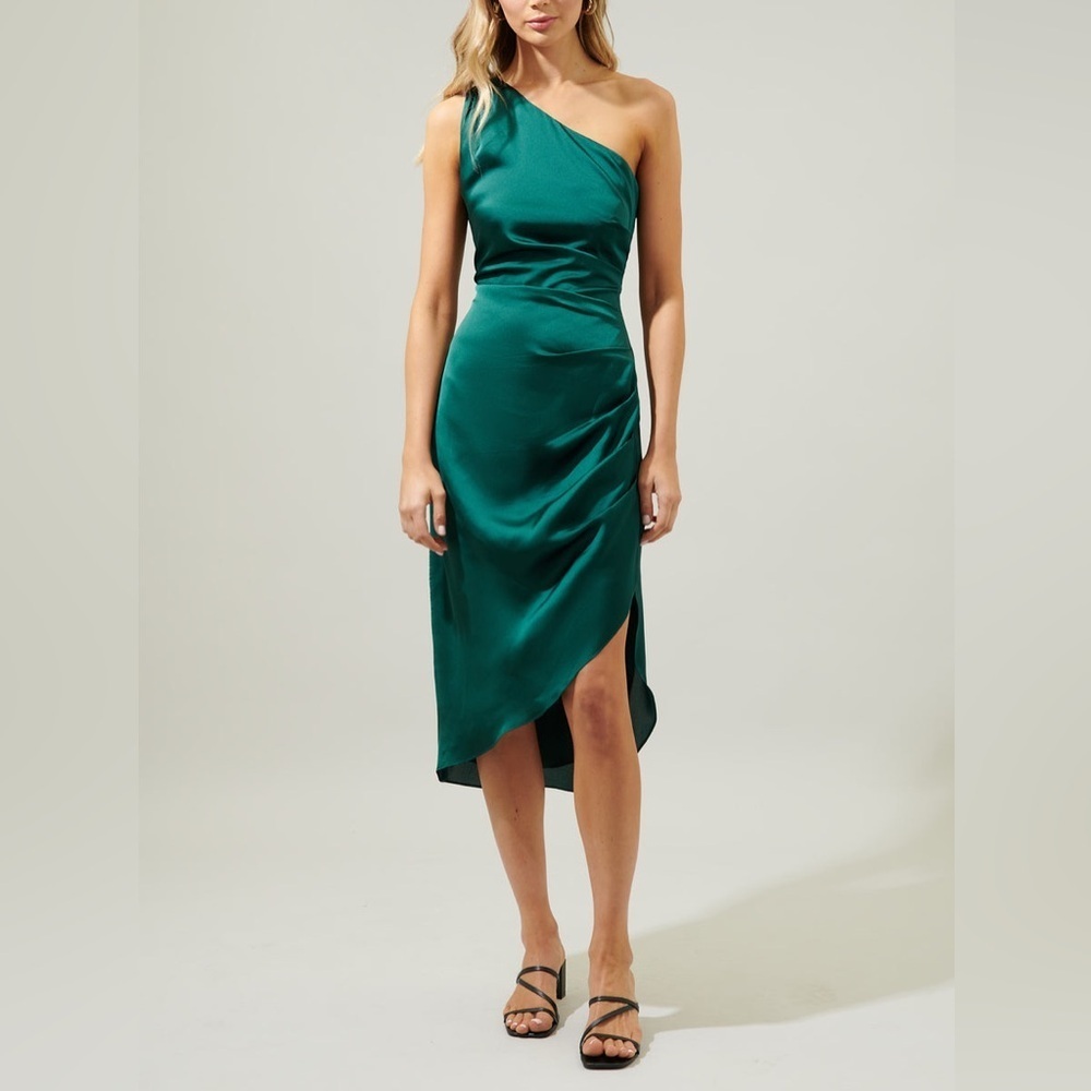 Sugarlips Chateau One Shoulder Ruched Belen Midi‎ Dress Small Green Satin Chic